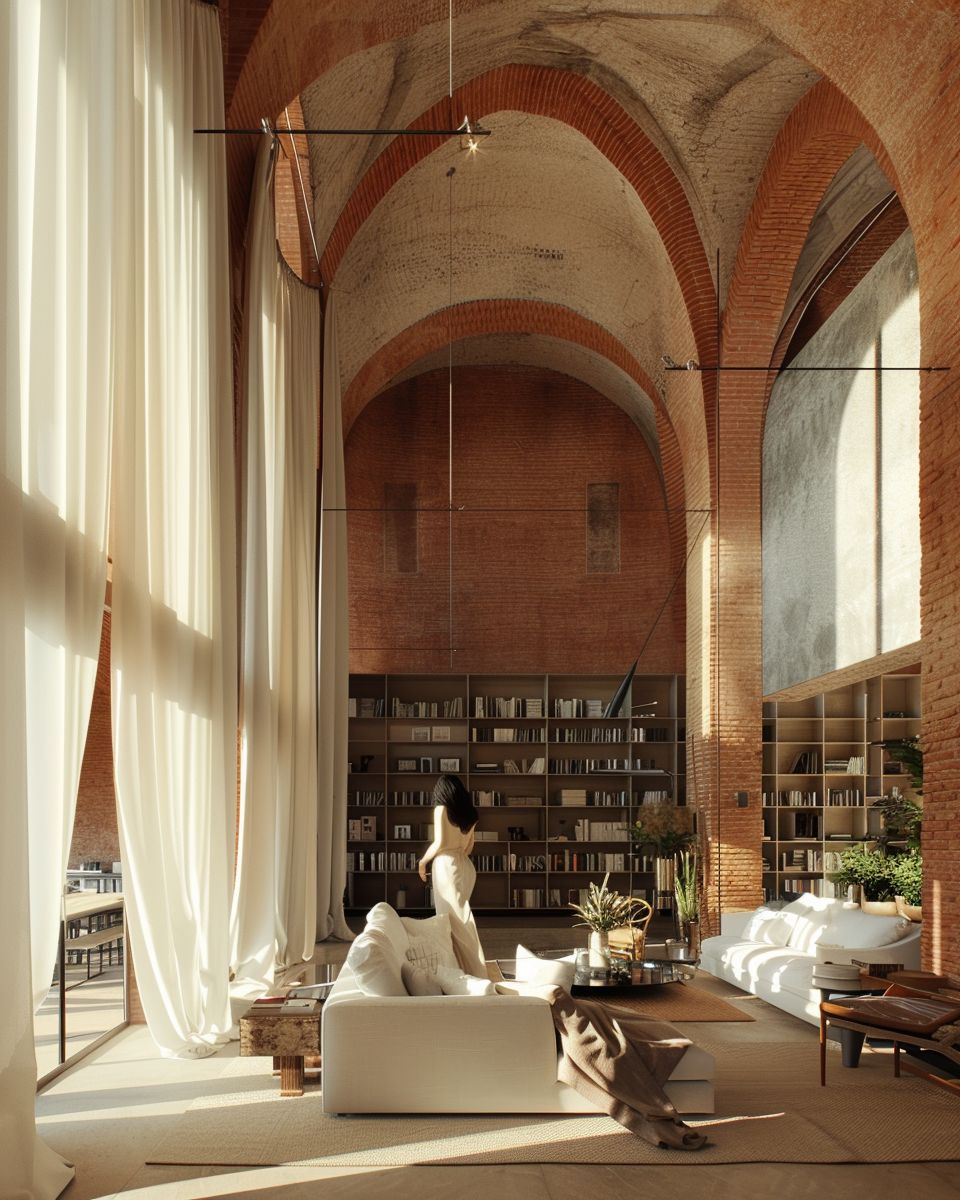 Tall brick vaulted ceiling in a warm living space