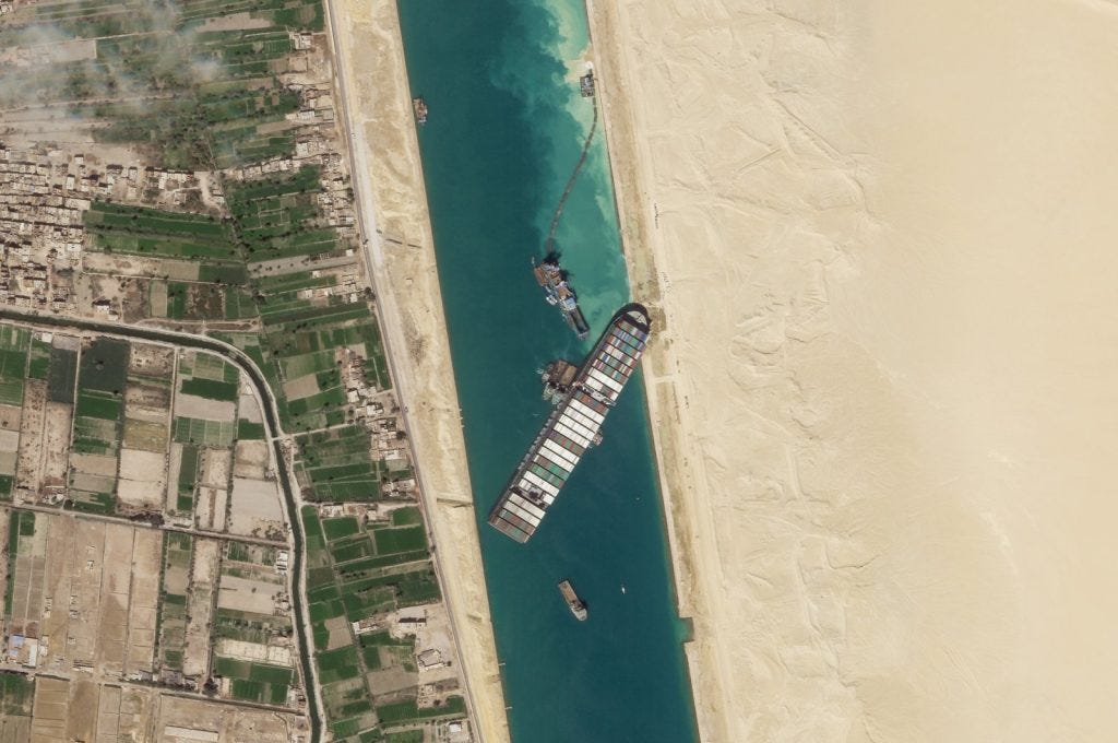 Satellite view of the container ship Ever Given blocking the Suez Canal